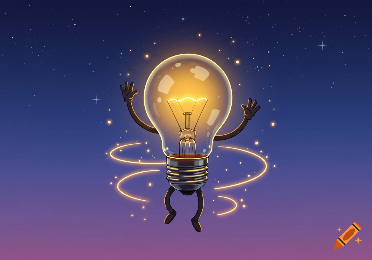 A glowing cartoon lightbulb with arms and legs waves in a starry night sky with golden light rings.