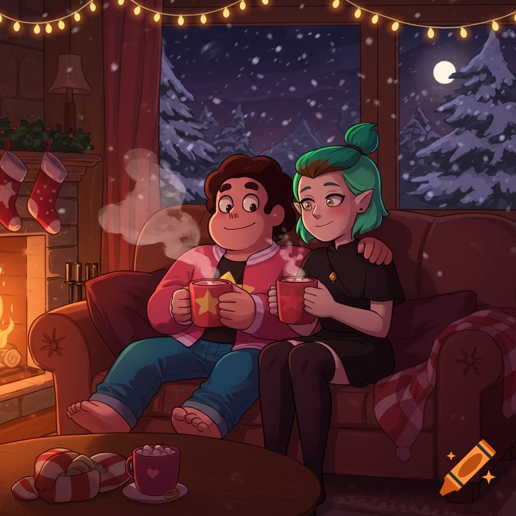 Steven Universe and Amity Blight drinking hot cocoa on a couch by a fireplace in a snowy cabin, cartoon style.