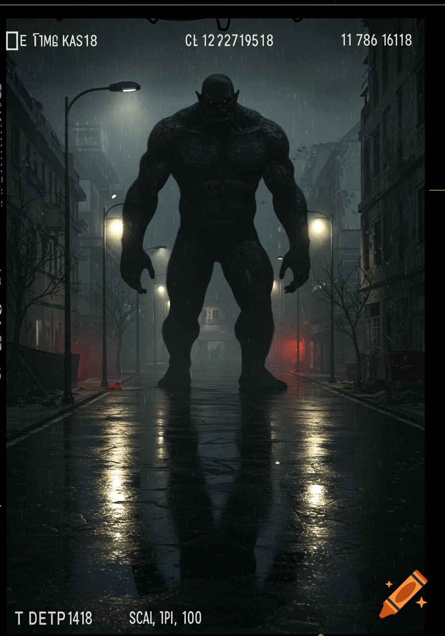 A massive, muscular black ogre with glowing red eyes stands in the middle of a dark, rainy city street at night, seen through a grainy CCTV feed.