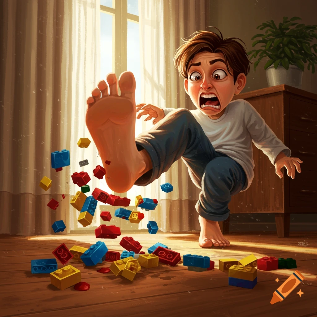 A wide-eyed, distressed cartoon child lifts one foot, having stepped on colorful LEGO bricks scattered on a wooden floor.