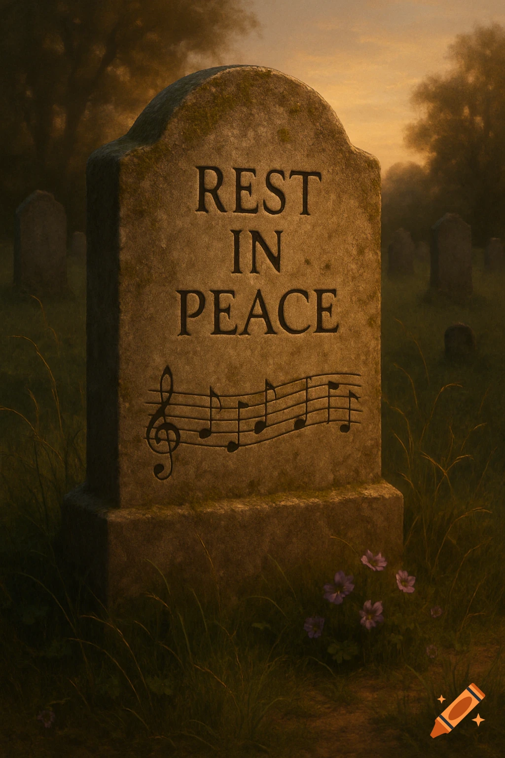 A tombstone engraved with 'REST IN PEACE' and music notes in a misty cemetery at sunset.