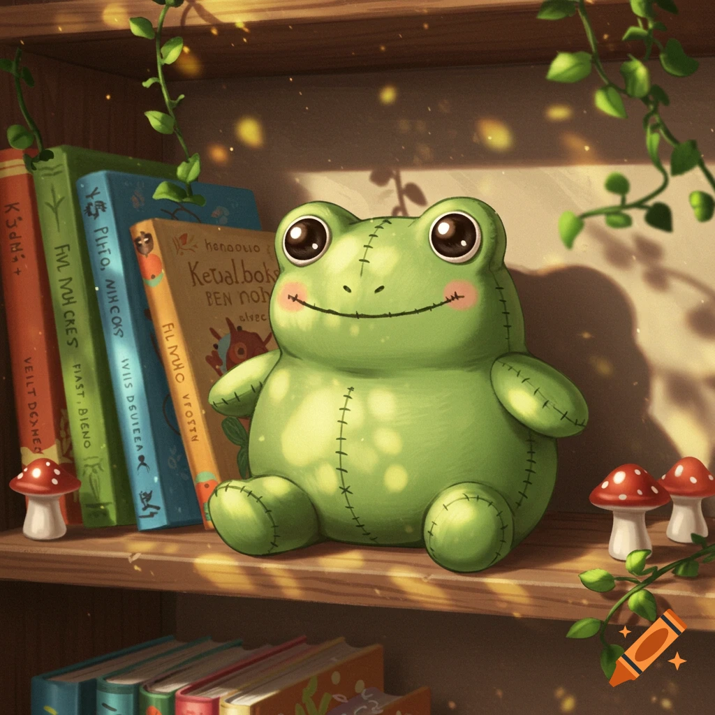 A cute green frog plushie with big eyes sits on a wooden bookshelf next to books and two red mushrooms, with vines dangling.