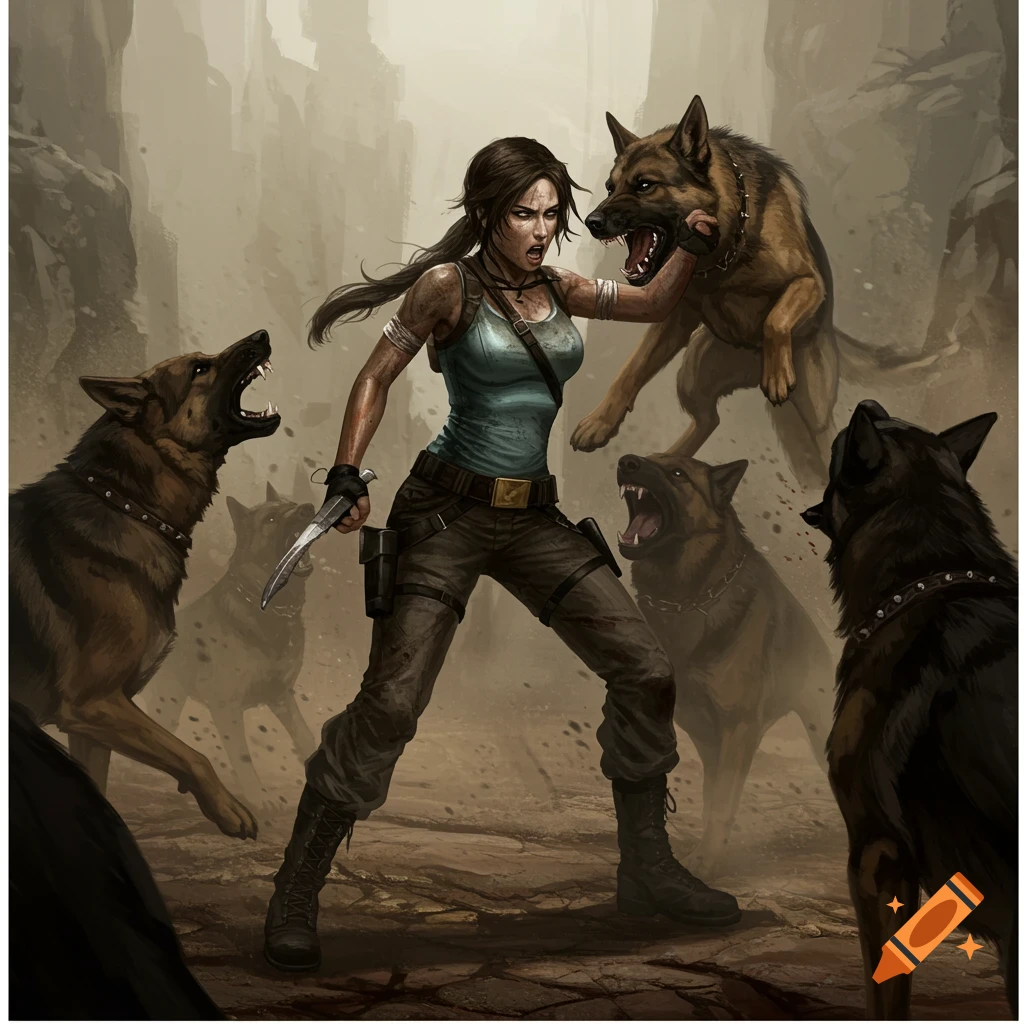Lara Croft fighting a pack of aggressive German Shepherds in a dusty canyon, digital art style.
