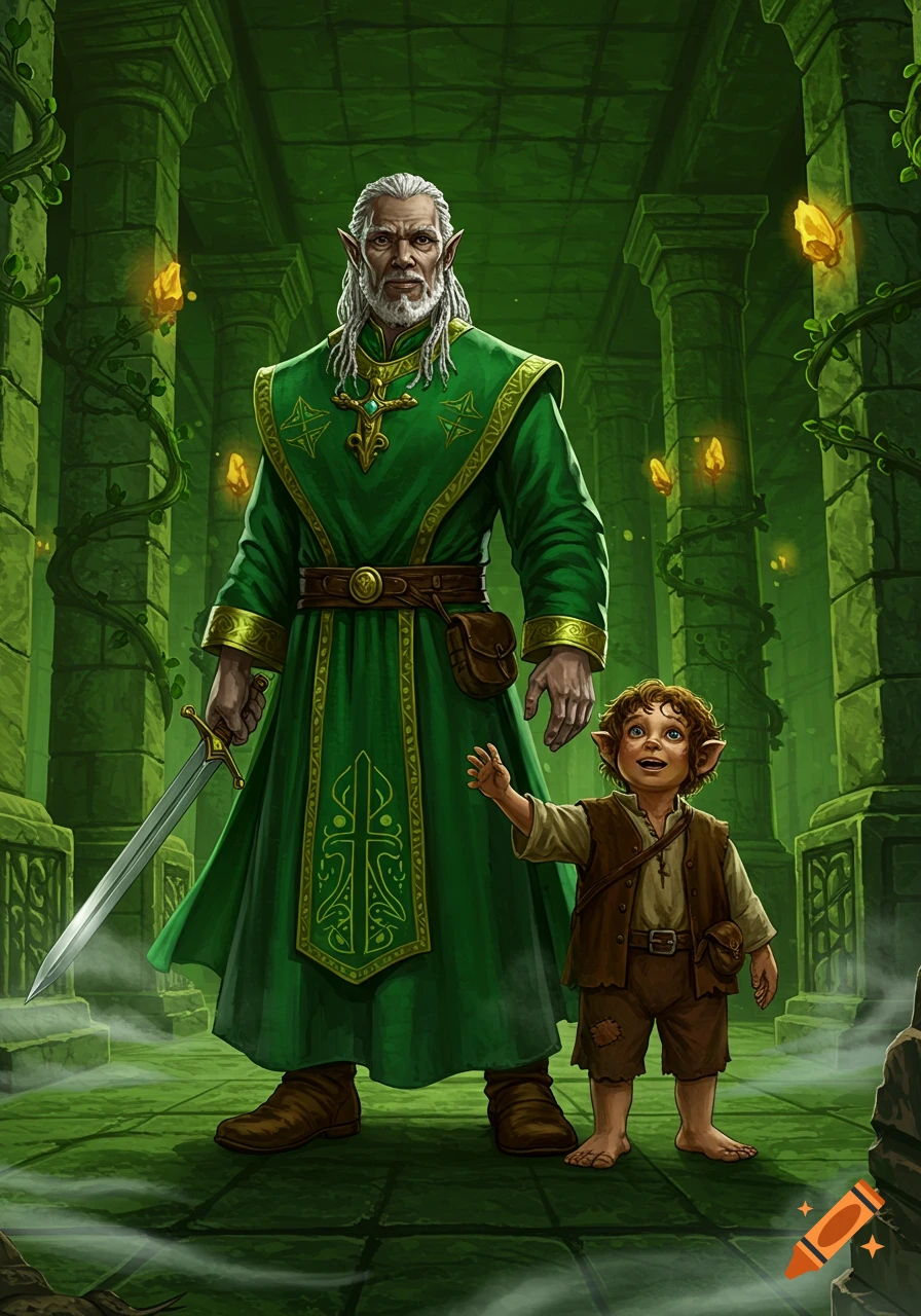 An old elven man in a green robe holding a sword stands beside a young hobbit boy in a green dungeon with glowing crystals.