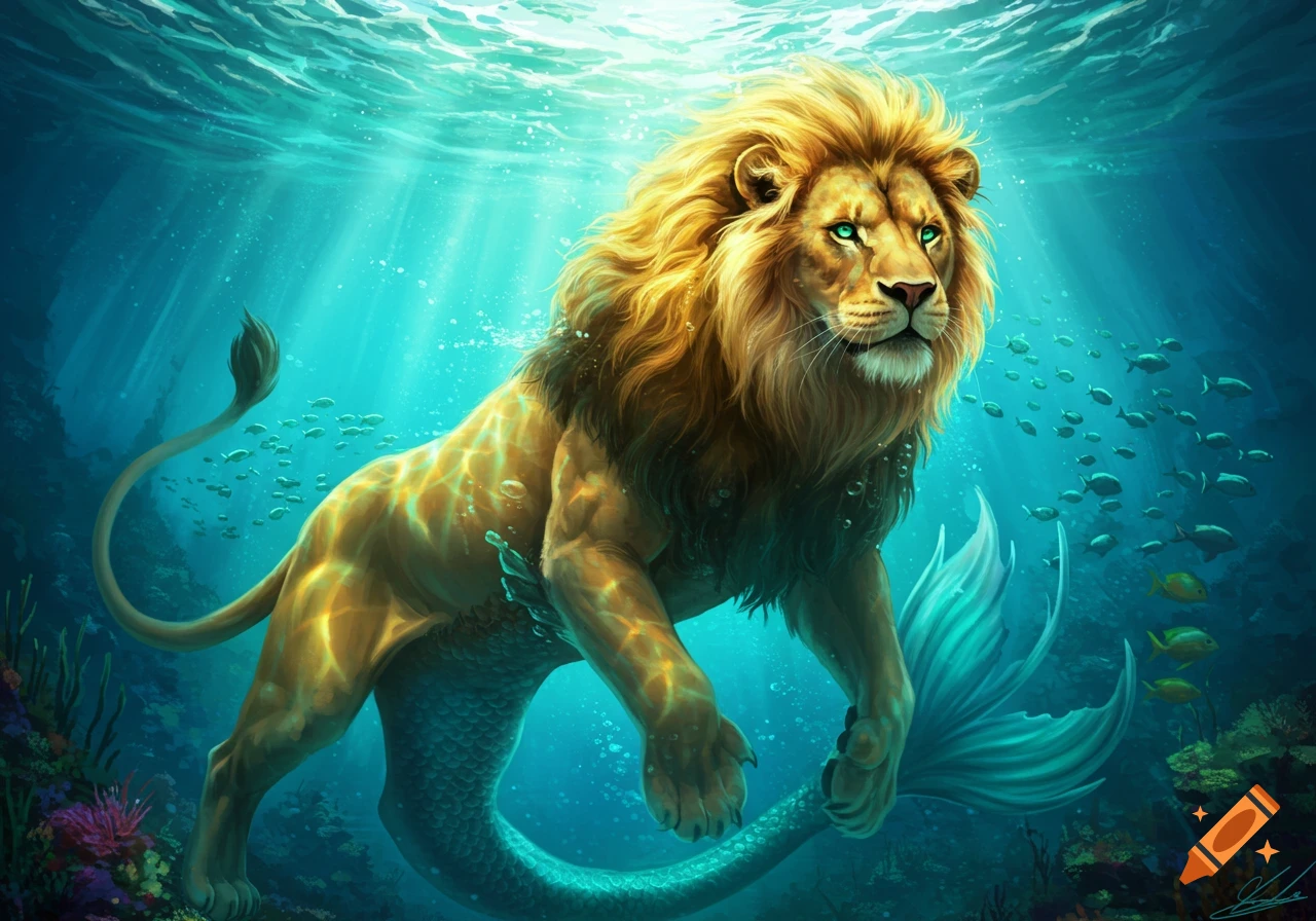 A majestic mer-lion with a golden mane and green eyes swims gracefully underwater among fish and coral.