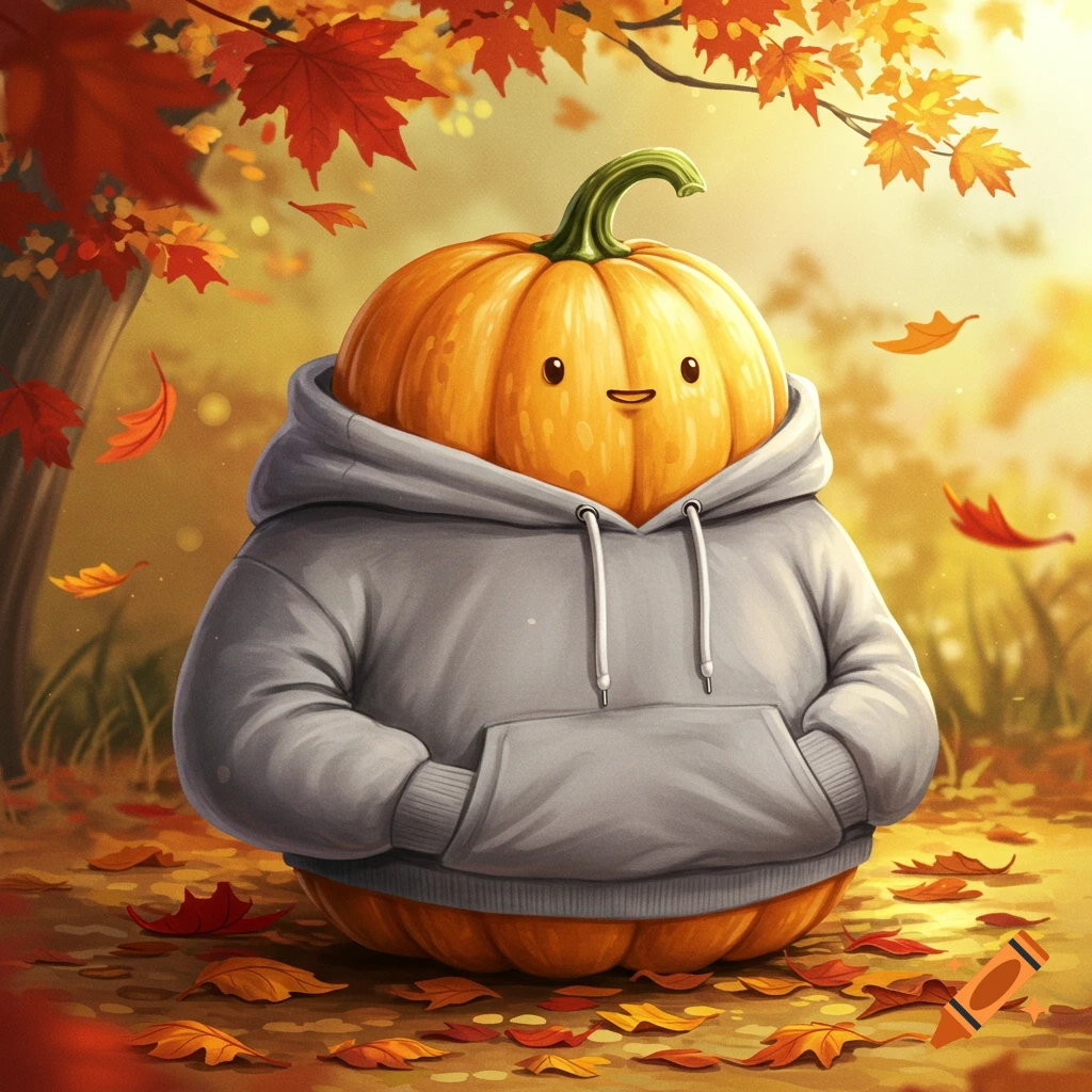 A cute, smiling pumpkin character wearing a gray hoodie stands among fallen autumn leaves on a sunny path, illustrated style.