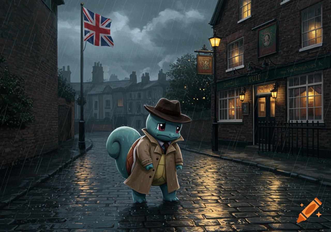 Miserable Squirtle in trench coat and hat walks on a wet cobblestone street in the rain towards an English pub with a Union Jack flag.