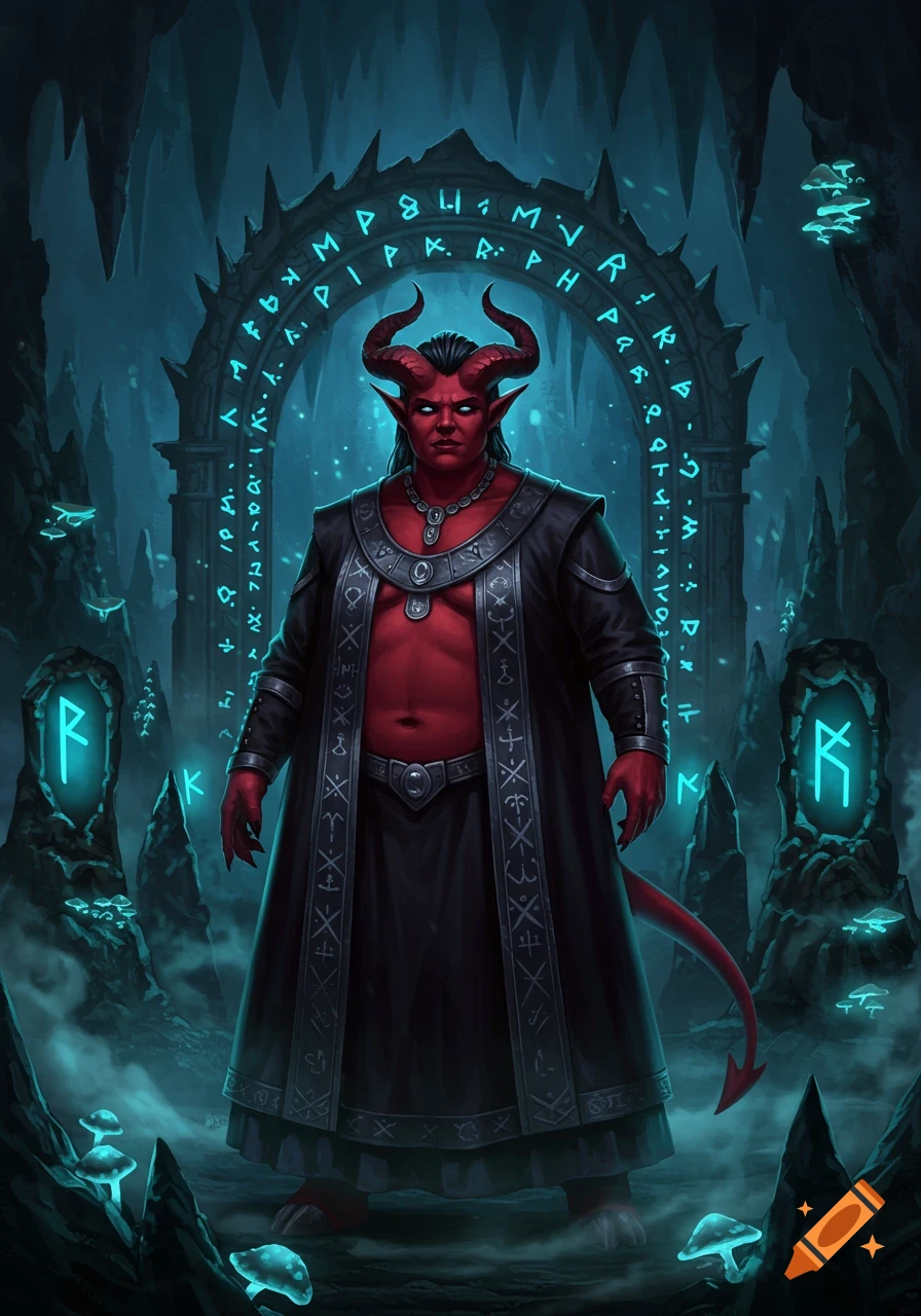 A red-skinned tiefling with horns and a tail, wearing a dark robe and necklace, stands in a glowing cave with mystical runes.