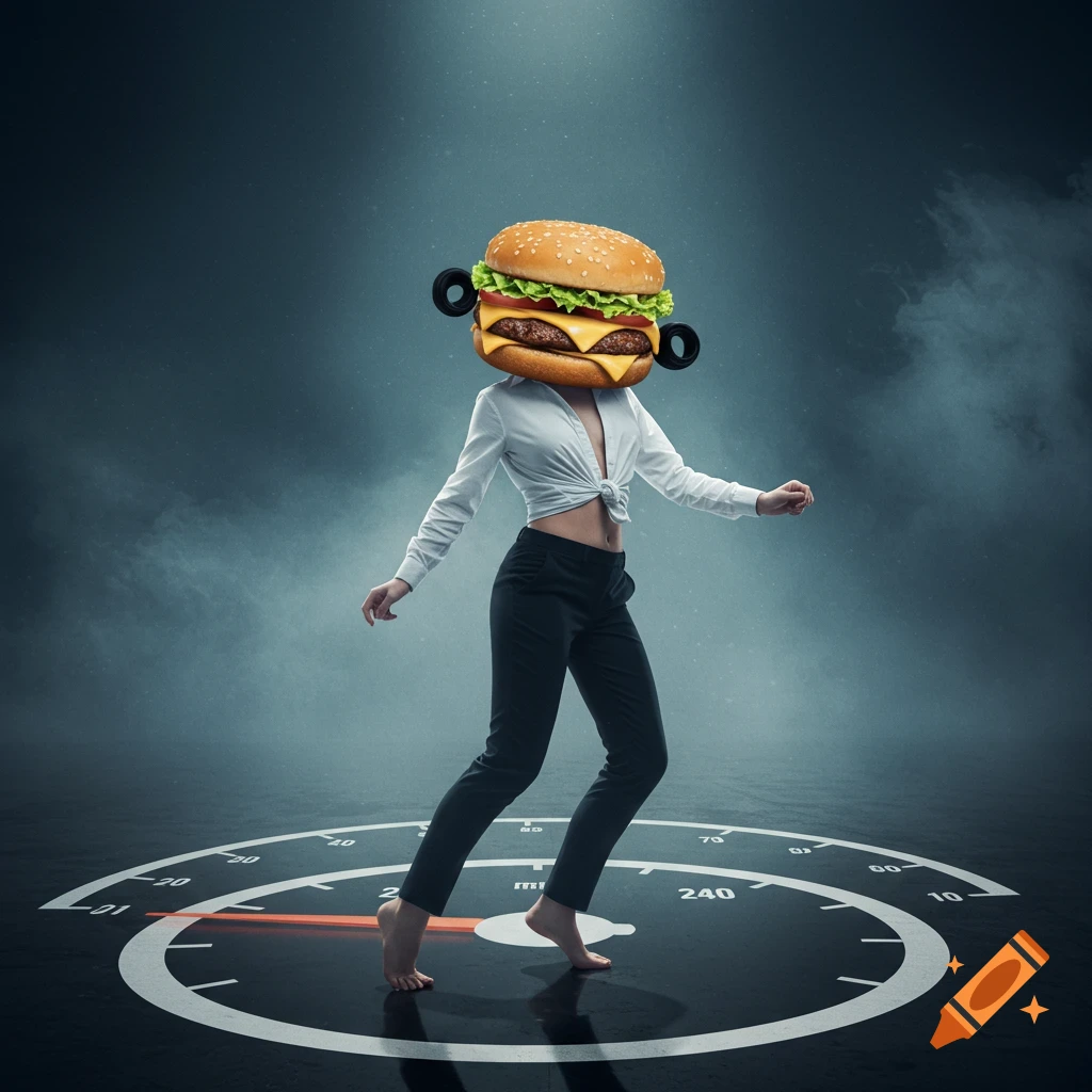A woman with a cheeseburger head stands barefoot on a floor designed like a speedometer. She wears a white tied shirt and black pants, in a dancing pose.