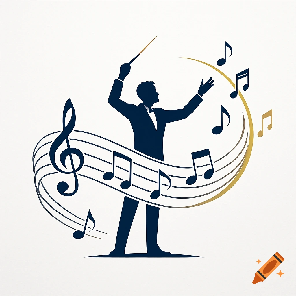 Stylized silhouette logo of a conductor surrounded by flowing musical notes and a treble clef.