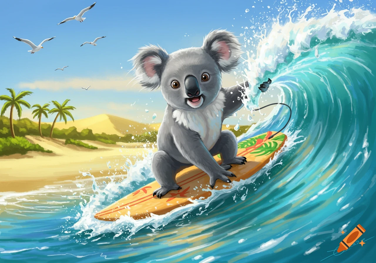 Cartoon koala surfing a large wave at a sunny beach with palm trees and seagulls.