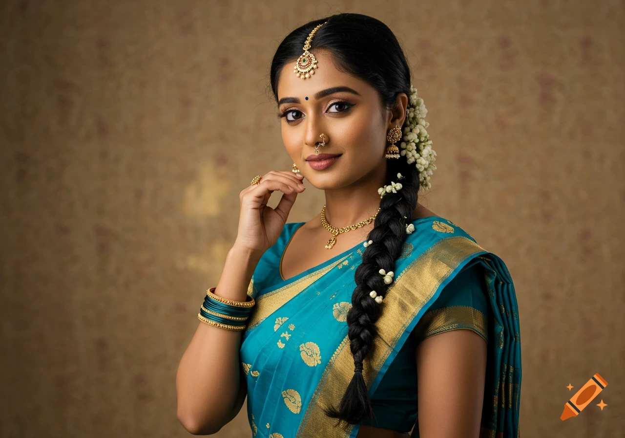 A young Indian woman in a teal and gold sari, adorned with traditional jewelry and flowers in her braided hair, poses for a portrait.
