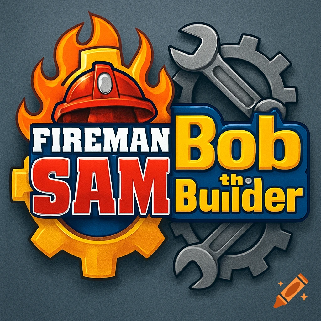 A colorful, glossy logo combining elements of Fireman Sam and Bob the Builder, featuring a fireman helmet, flames, wrench, and gears.