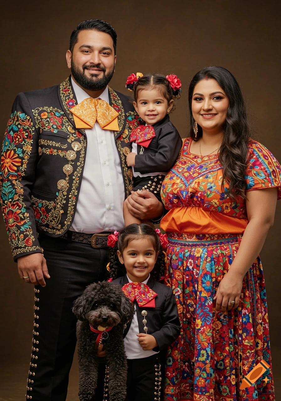 Photorealistic portrait of an Indian family in colorful Mexican attire, featuring a man, woman, two young girls, and a black poodle.