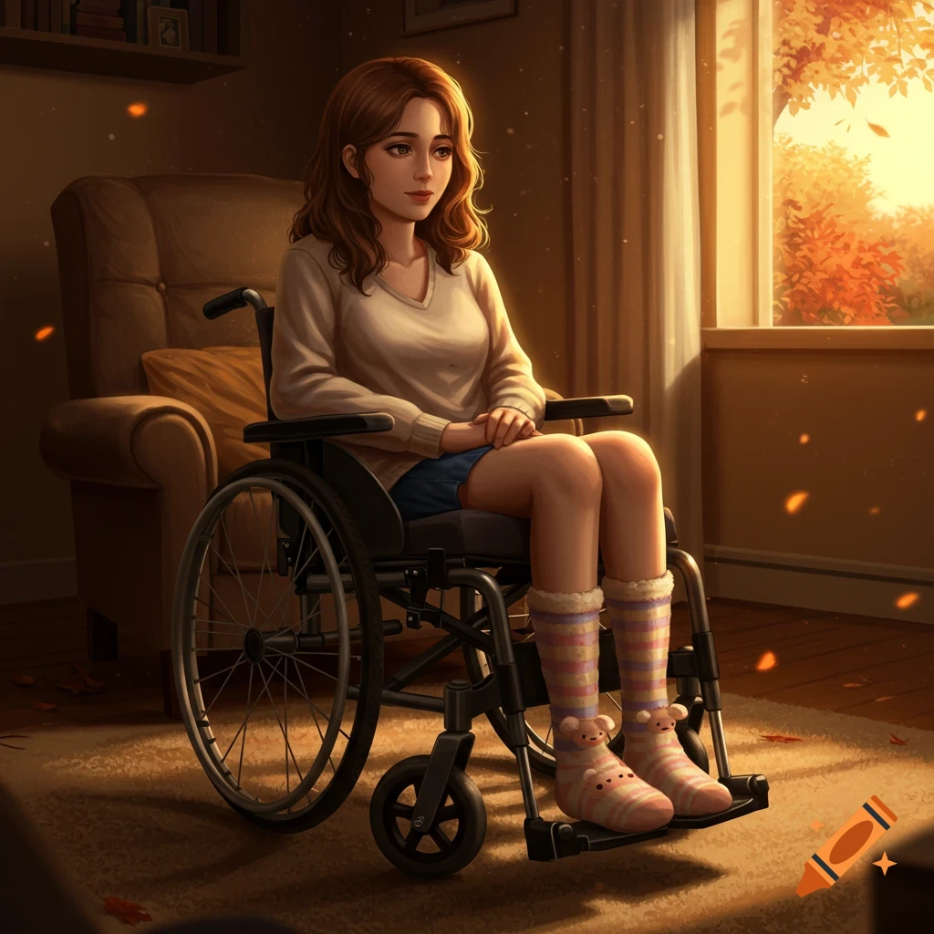 An illustrated young woman in a wheelchair sits looking pensively by an autumn-lit window in a warm room.