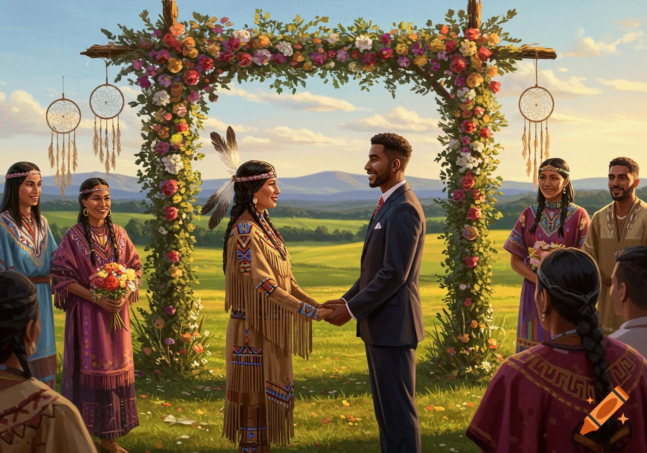 Painting of a Native American woman and a Black man holding hands during an outdoor wedding ceremony under a floral arch.