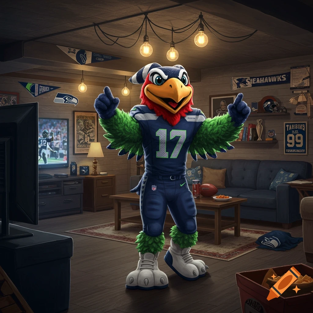 A cartoonish Seahawks mascot stands in a cozy basement man cave, cheering with arms raised, surrounded by football memorabilia.