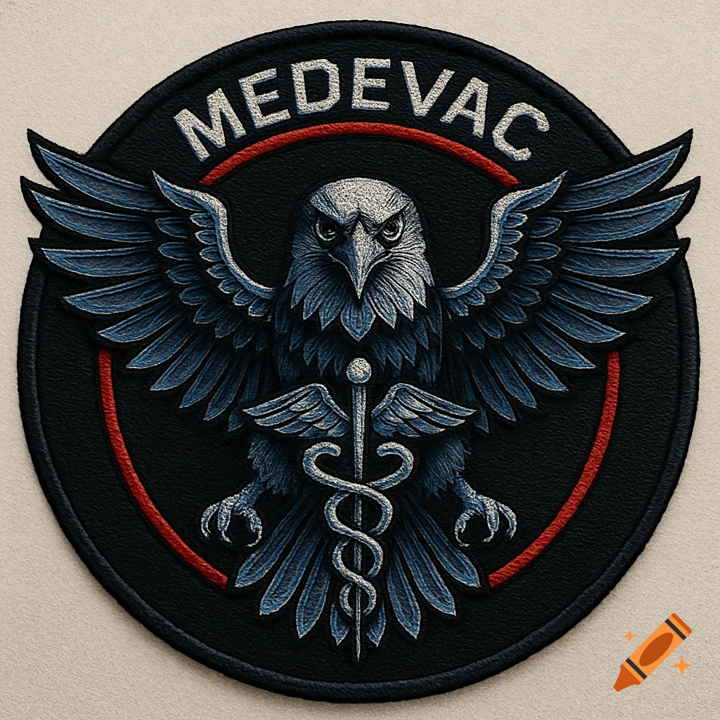 A black circular embroidered patch with a central eagle, a caduceus symbol, a red inner ring, and the word 'MEDEVAC' at the top.