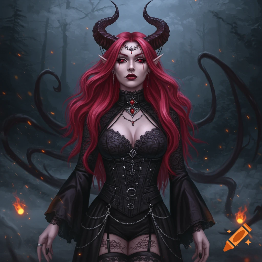 A red-haired gothic demoness with horns and red eyes, wearing a black corset and dress, stands in a dark, fiery forest. Digital art.