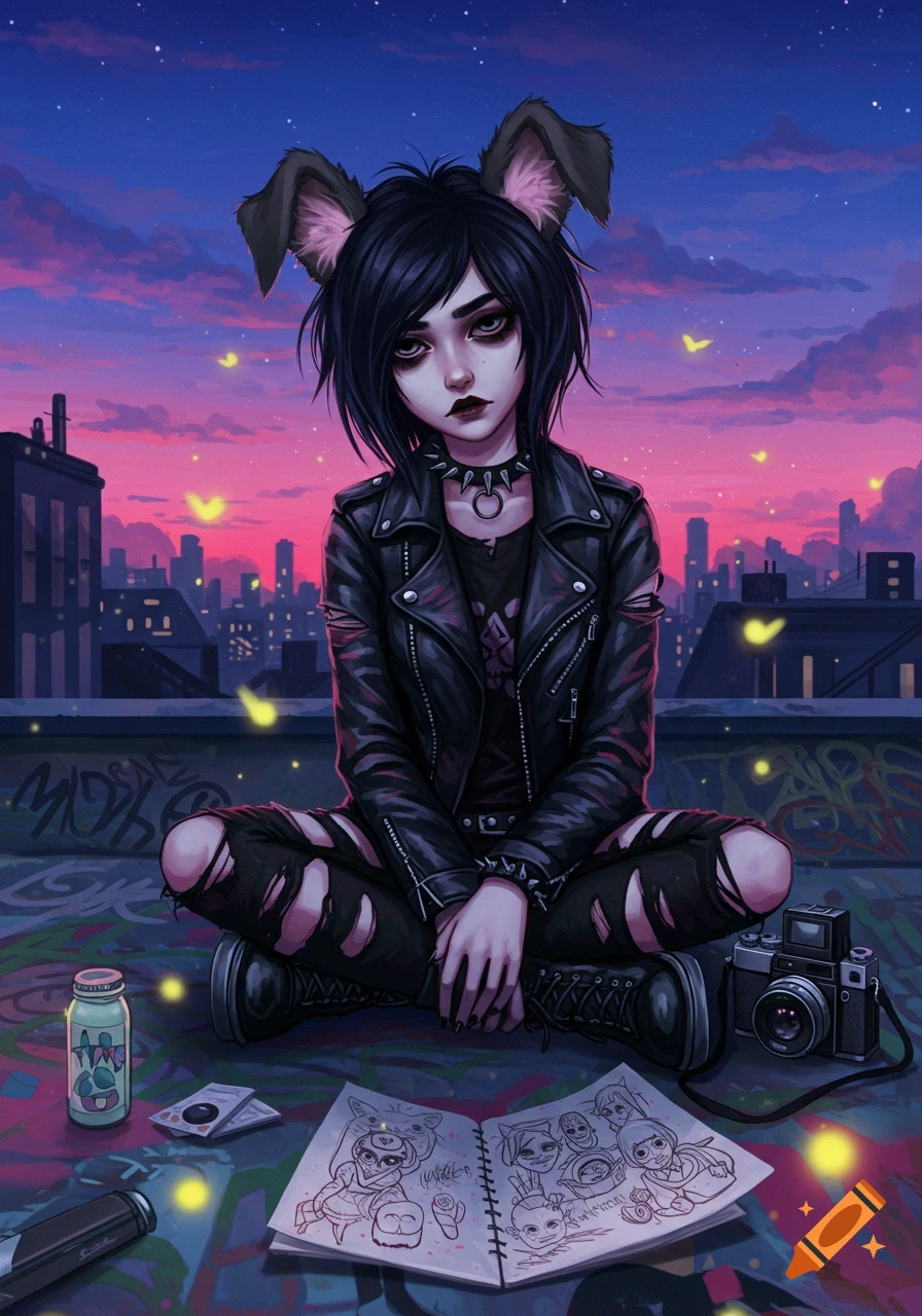 An illustration of an emo girl with puppy ears, wearing a leather jacket and ripped jeans, sitting on a graffiti-covered rooftop at sunset. She is surrounded by glowing fireflies and has a sketchbook and camera in front of her.