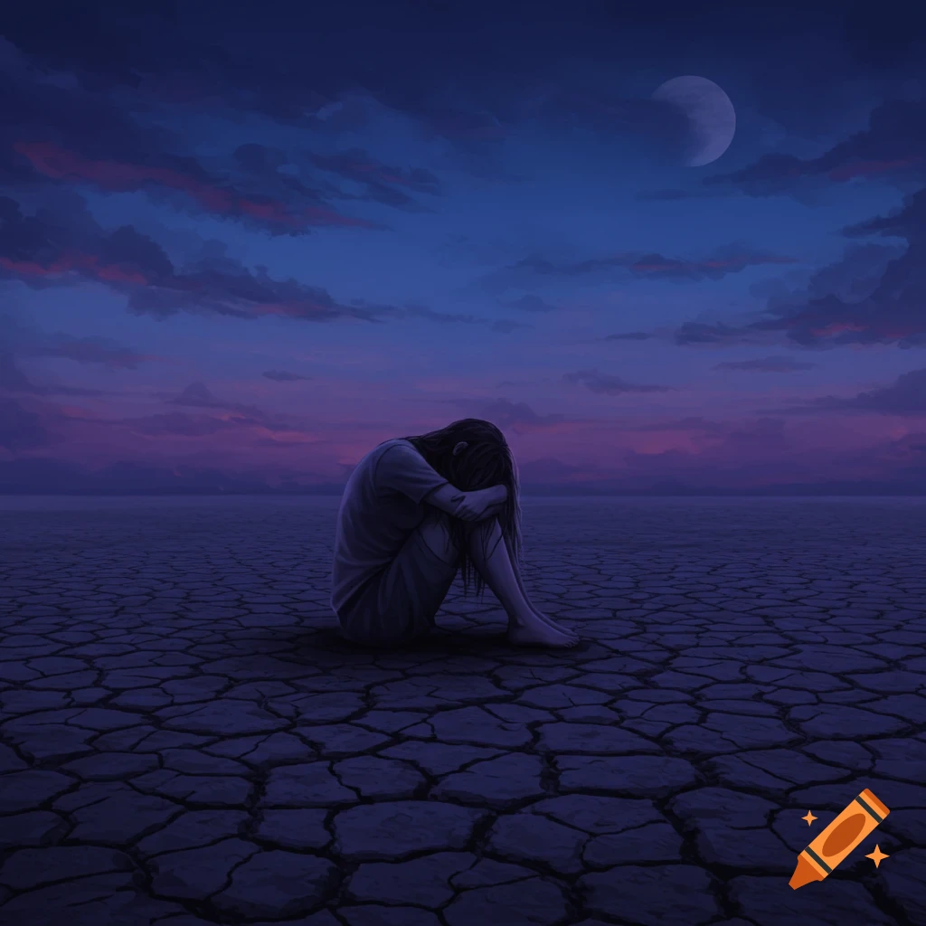 A lone figure sits huddled on a cracked, barren ground under a dark purple and blue sky with a crescent moon.