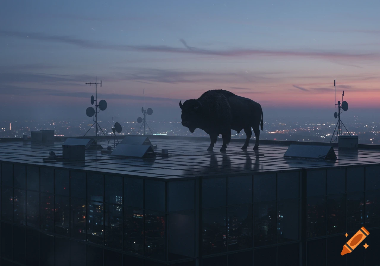A silhouette of a large buffalo stands on the flat roof of a glass skyscraper at dusk, with a sprawling city skyline below.
