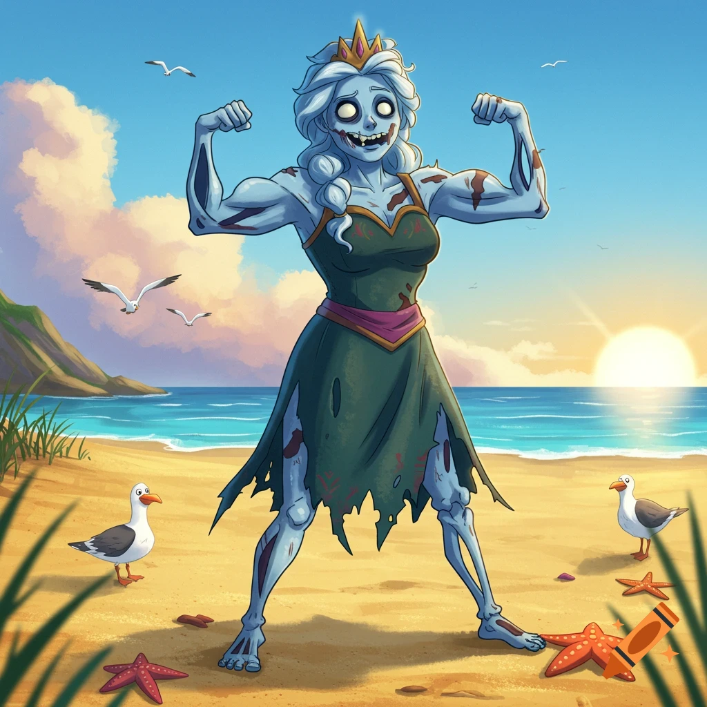A cartoon zombified queen with a crown and ripped dress flexes her biceps on a sunny beach with seagulls and starfish.
