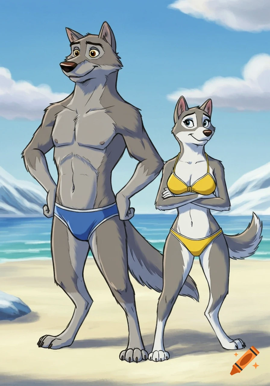 A cartoon male wolfdog in a blue speedo and a female husky in a yellow bikini stand on a beach with mountains and ocean.