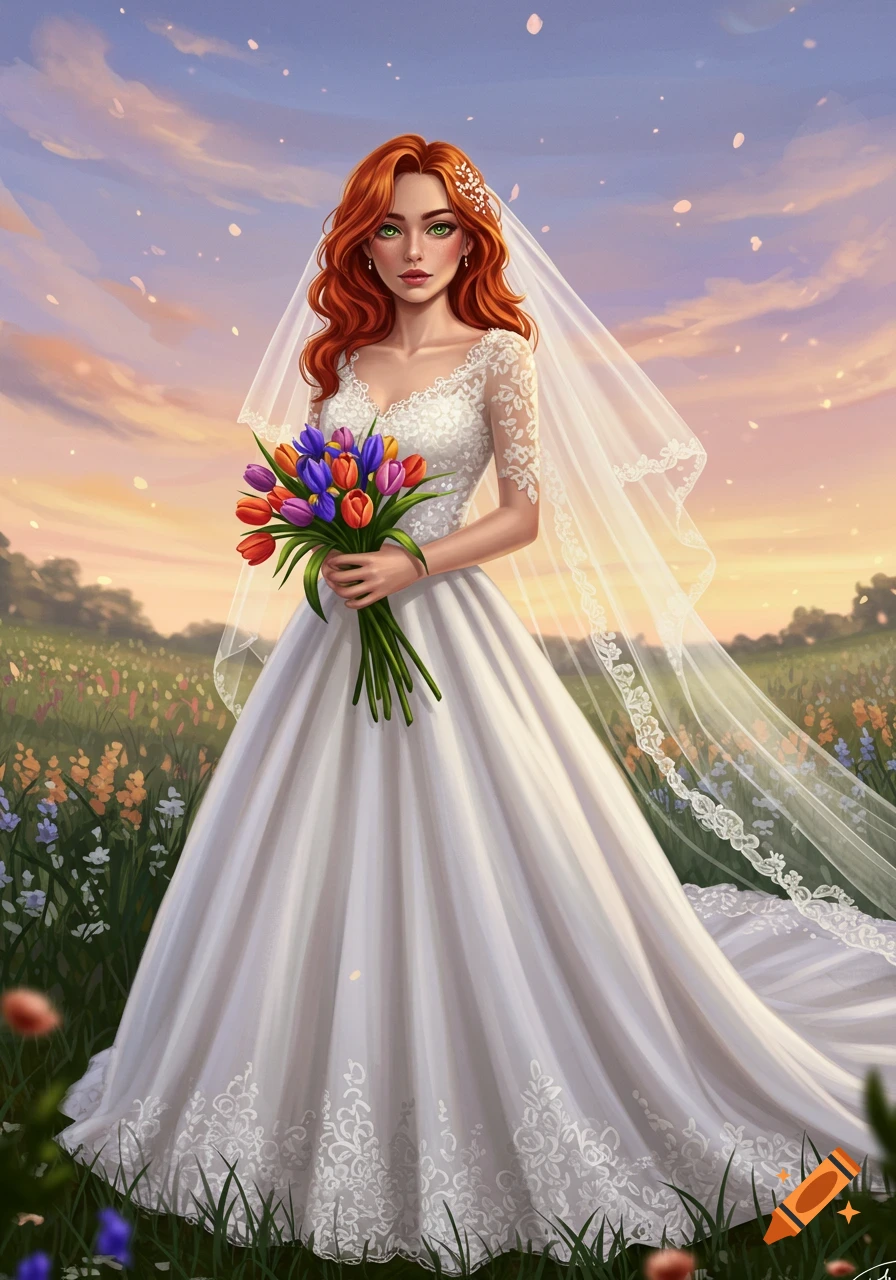 A red-haired woman in a white wedding dress and veil holds a bouquet of tulips and irises in a field at sunset, digital painting.