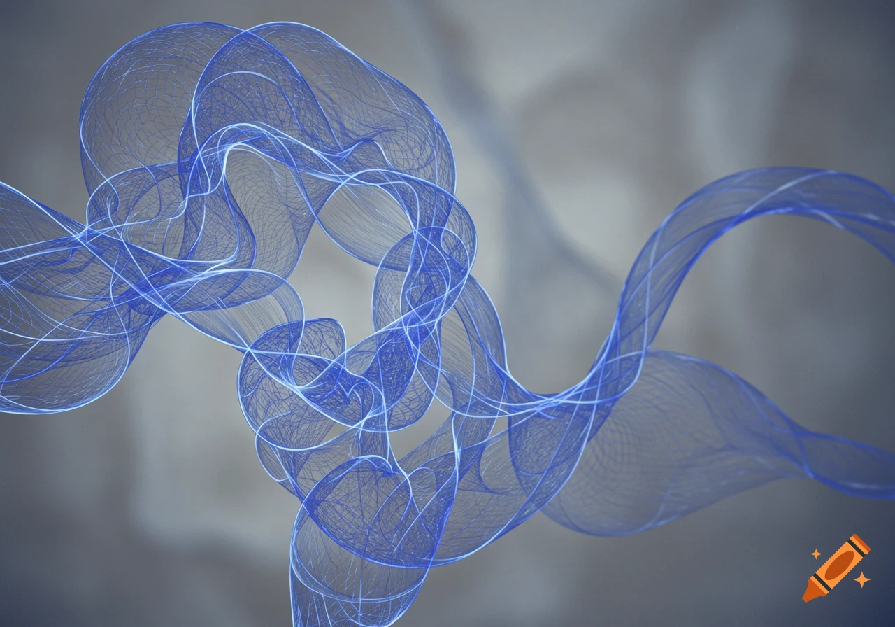 Blue translucent mesh forms swirling, flowing patterns against a soft gray background.