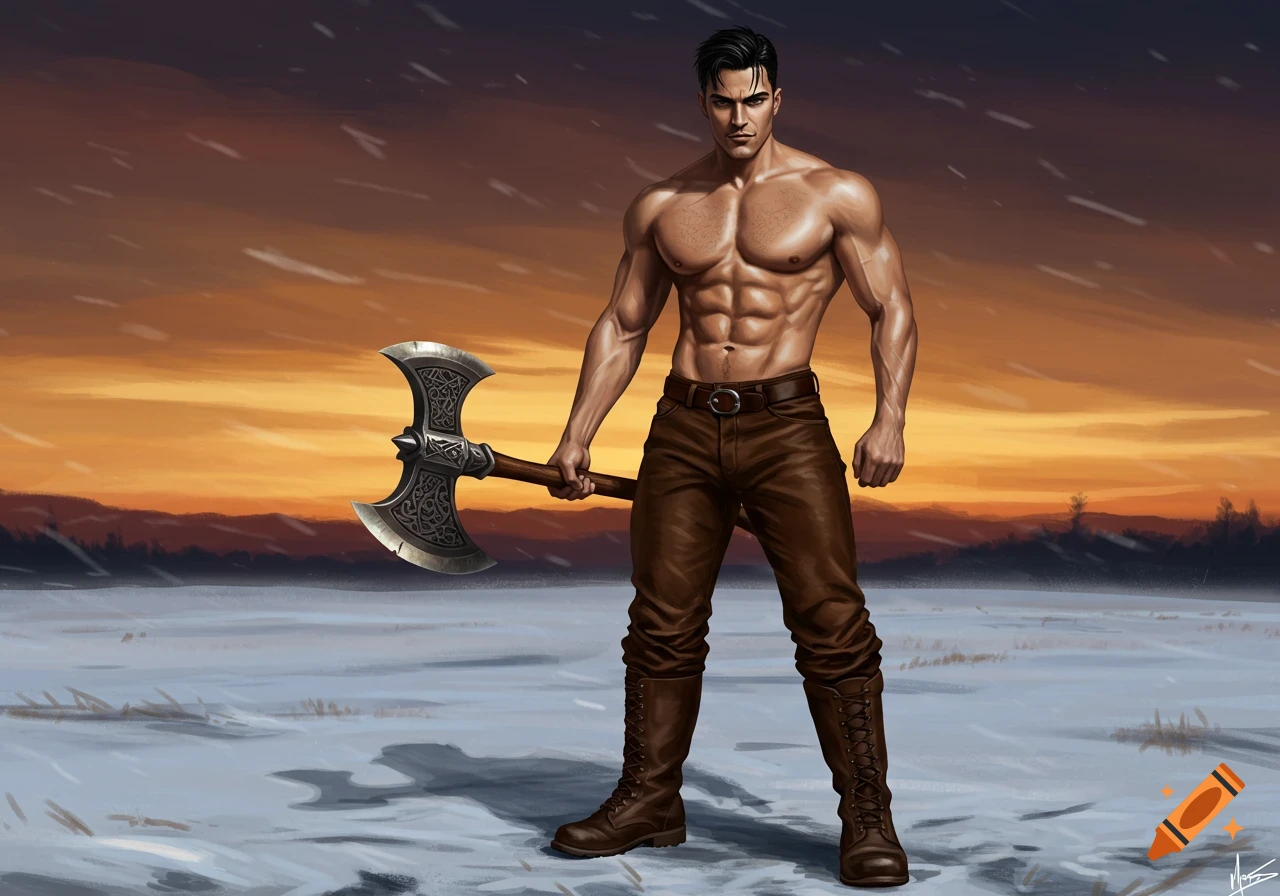 A muscular man with dark hair, bare-chested, wearing brown leather pants and boots, holds a twin-blade battle axe in a snowy landscape with an orange sky.