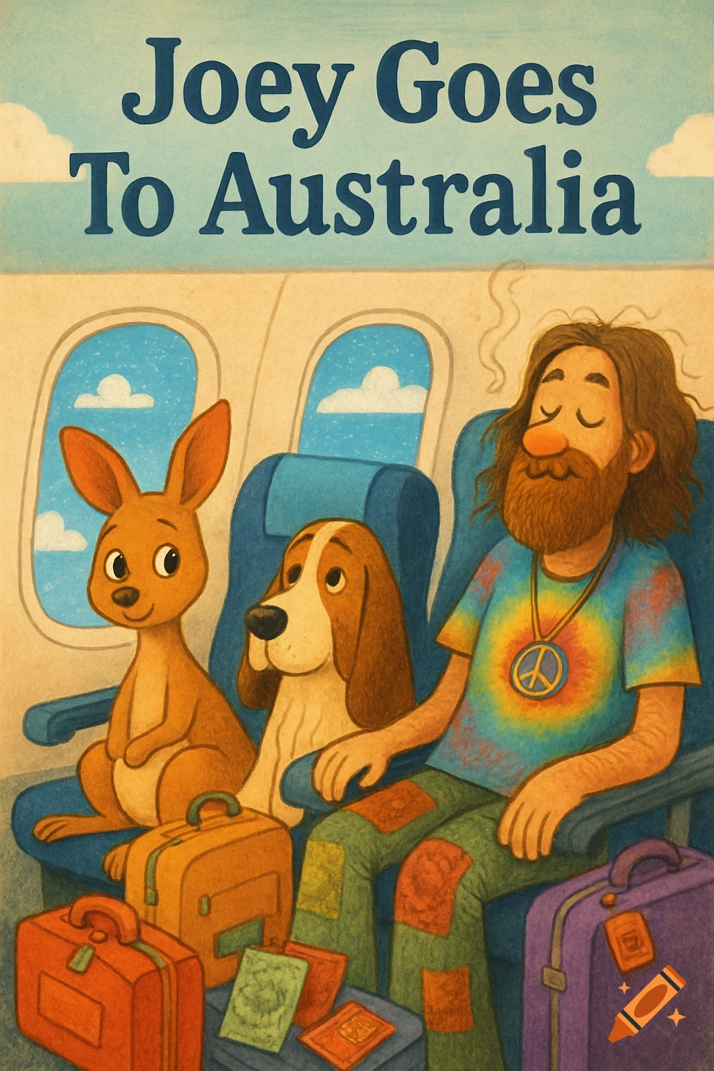 A cartoon illustration of a kangaroo, a basset hound, and a hippie man sitting on an airplane, with suitcases. Text reads 'Joey Goes To Australia'.