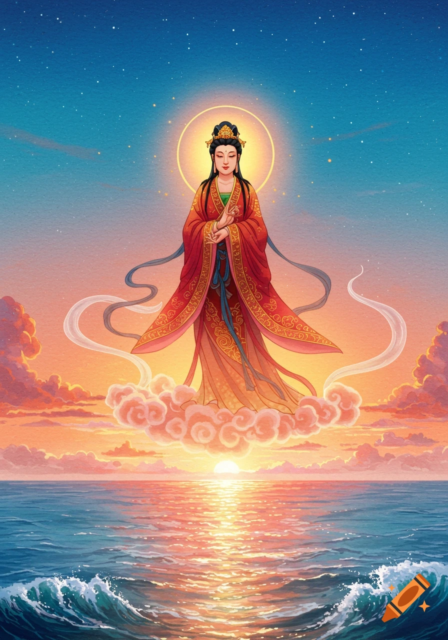 A goddess-like figure in ornate robes with a halo stands on clouds above a radiant ocean at sunset, in an illustrative style.