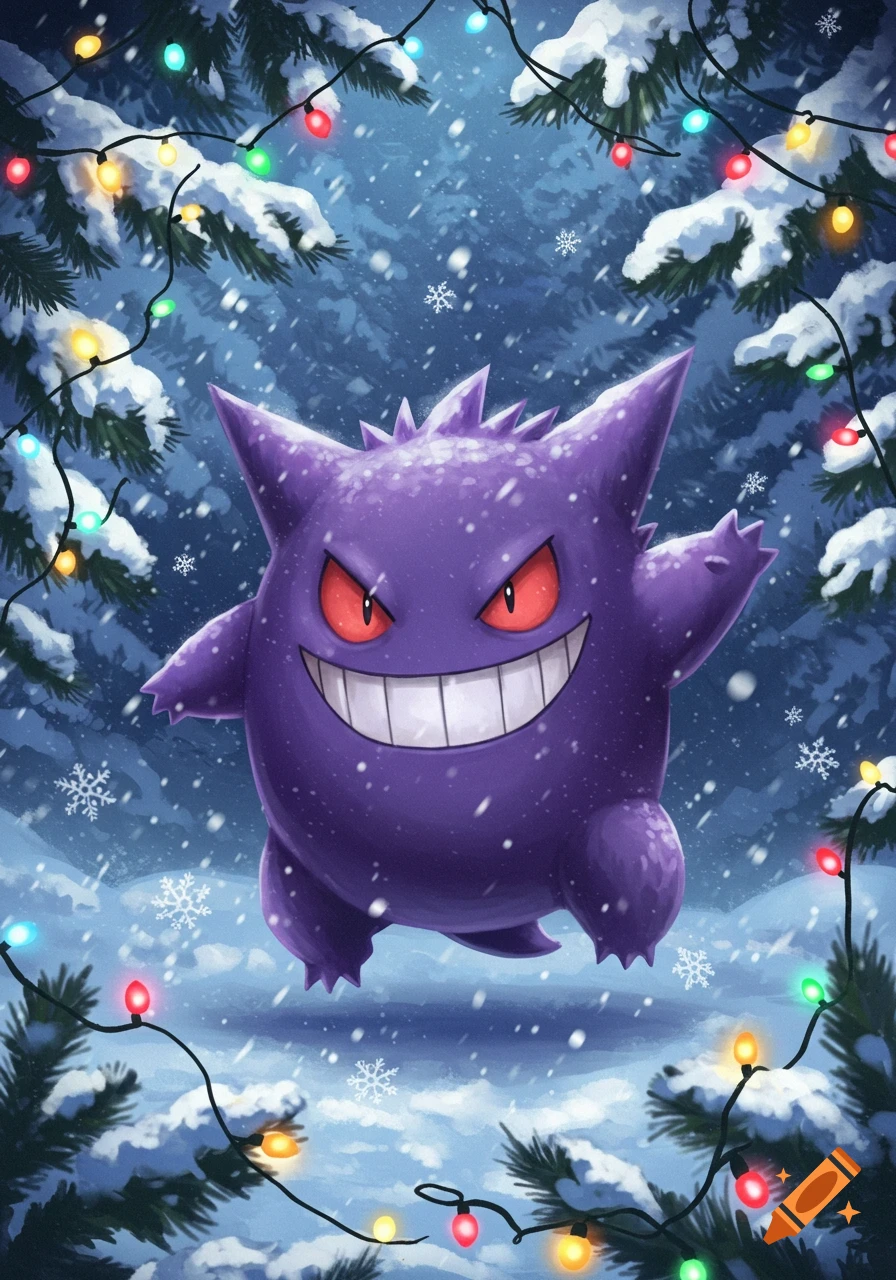 A purple Gengar with a wide smile and red eyes in a snowy forest scene, framed by branches covered in snow and colorful Christmas lights.