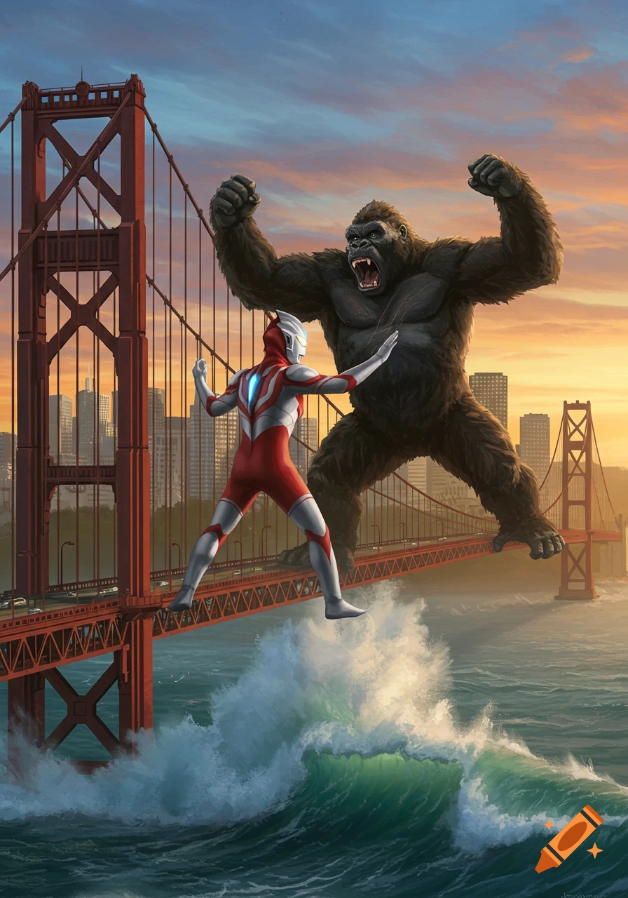 King Kong and Ultraman battle on the Golden Gate Bridge at sunset, with large waves crashing below.