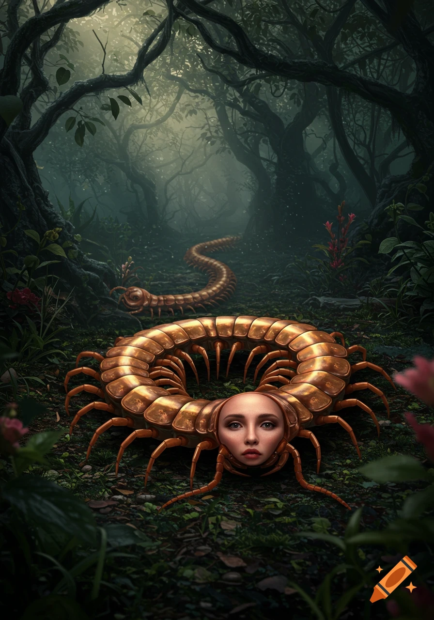A surreal centipede with a human face curled on a dark forest floor, another centipede behind it. Dark fantasy.