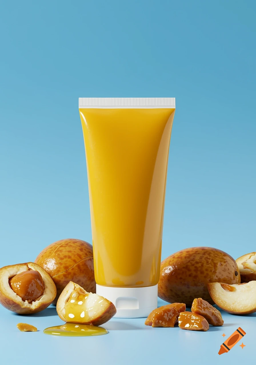 A yellow squeezy tube of syrup stands on a white base, surrounded by whole and sliced cocadas and spilled syrup, against a blue background.