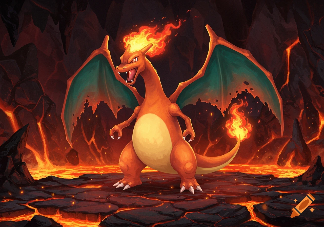 Charizard, a fire dragon, stands amidst a fiery lava landscape.