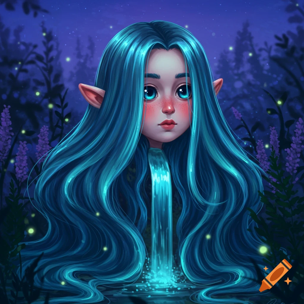 A whimsical digital painting of an elf-like girl with long blue hair from which a waterfall flows into a glowing pool, set in a dark, magical forest with fireflies and purple flowers.