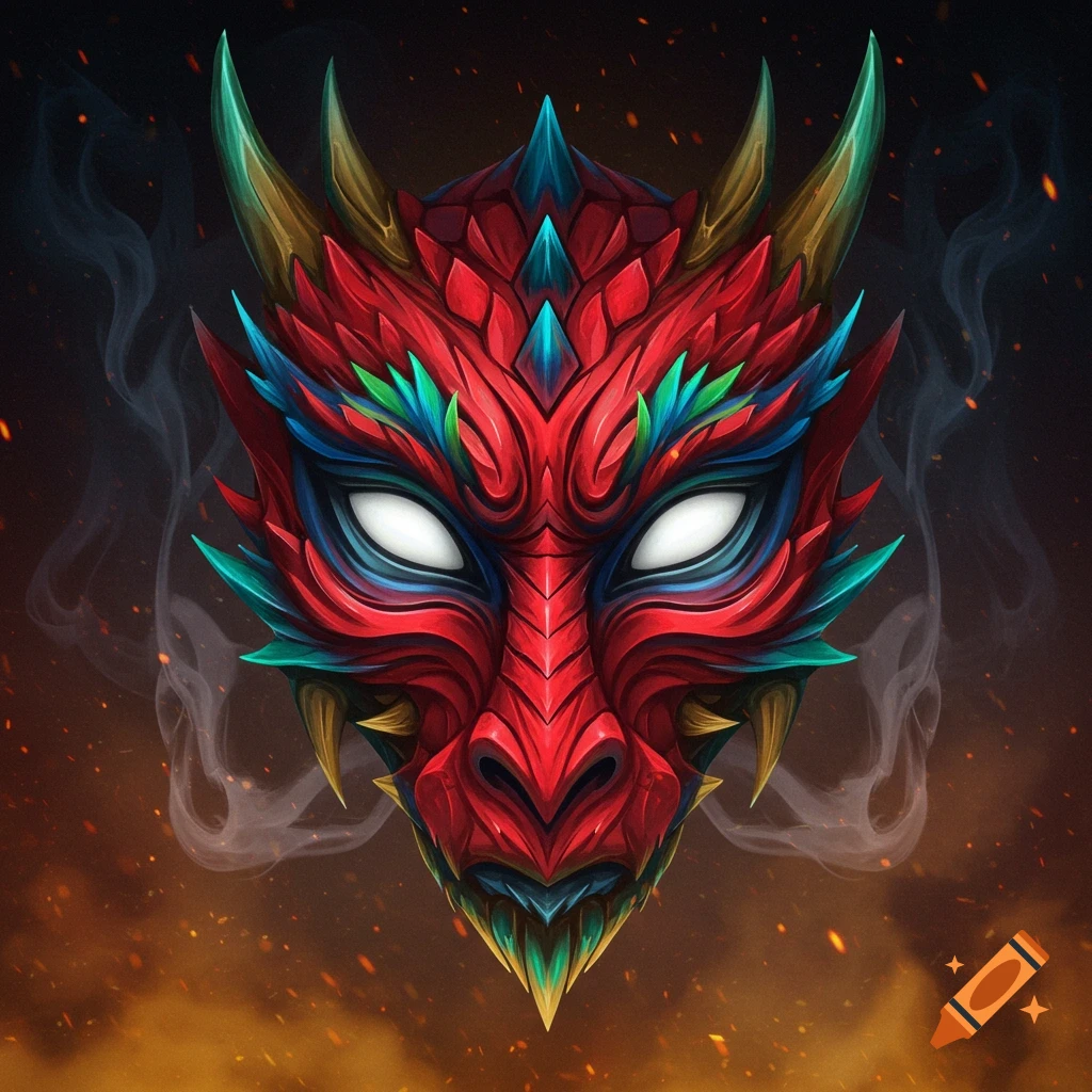 A detailed, stylized illustration of a red, blue, and green dragon mask with white eyes, set against a smoky, fiery background.