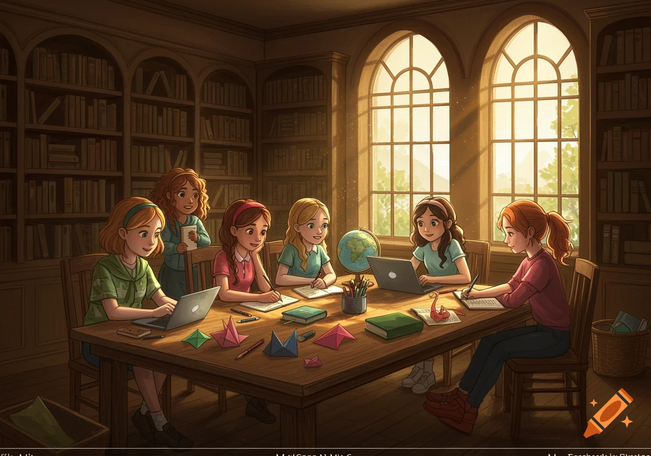 An illustration of six girls studying and collaborating around a large wooden table in a sunlit library.