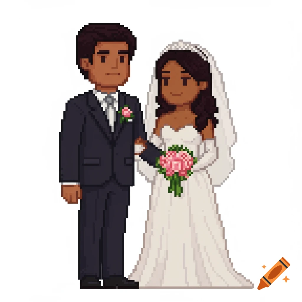 Pixel art depiction of a bride in a white dress with a veil holding a pink bouquet, standing next to a groom in a dark suit.