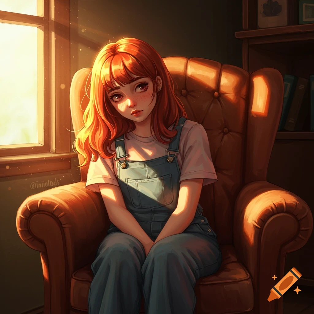Anime illustration of a shy, red-haired woman in overalls sitting slumped in a chair by a sunny window.