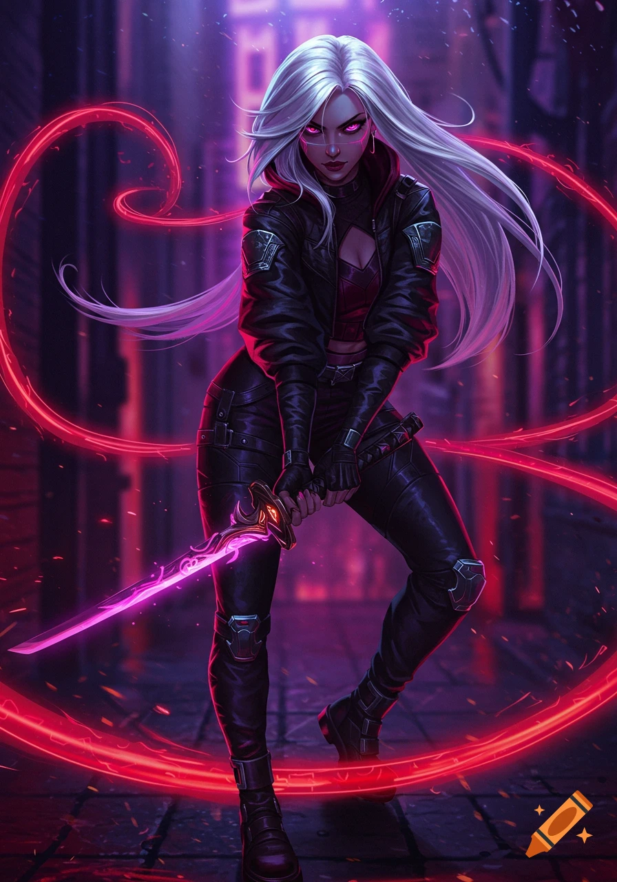 A white-haired woman with glowing pink eyes, in a black leather outfit, holds a glowing pink sword in a neon cyberpunk city.