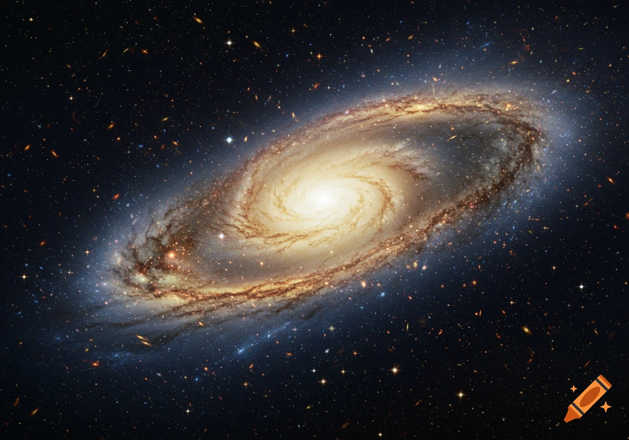 A vibrant, detailed spiral galaxy with a bright yellow-white core and dusty orange arms, set against a dark, star-filled cosmic background.
