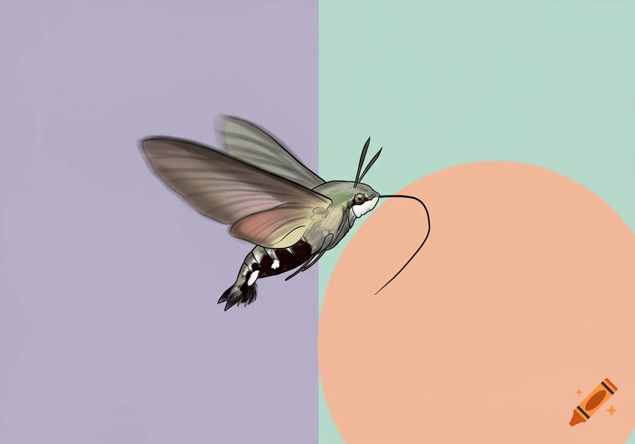 A minimalist illustration of a hummingbird-hawk-moth with outstretched wings, against a split pastel purple and teal background with an orange circle.