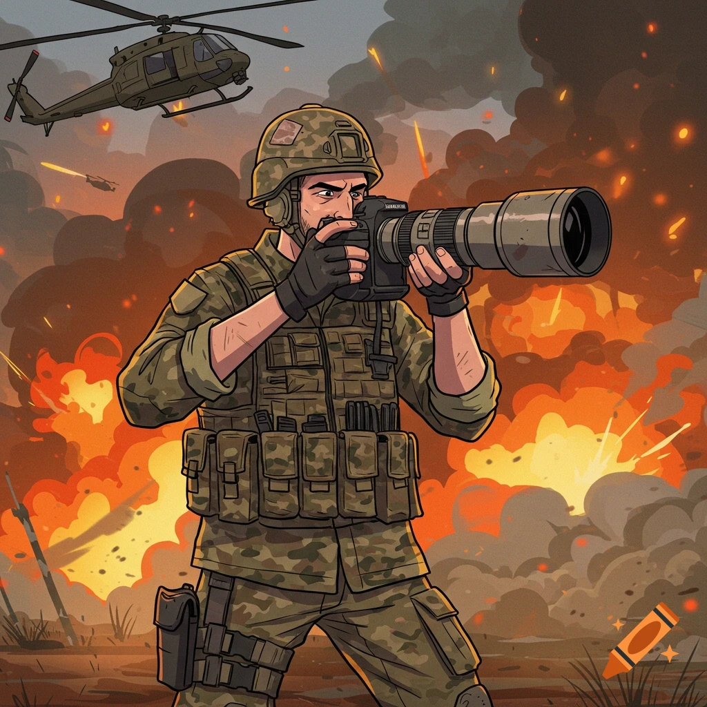 A cartoon drawing of a soldier in camouflage holding a large camera lens, with explosions and a helicopter in the background.