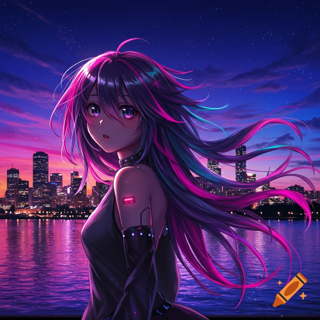 Anime girl with flowing magenta and blue hair against a neon city skyline at night.
