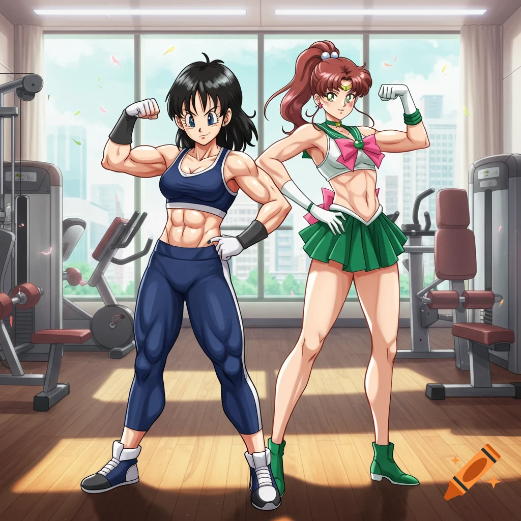 Videl from Dragon Ball and Sailor Jupiter from Sailor Moon flexing in a gym, anime style.