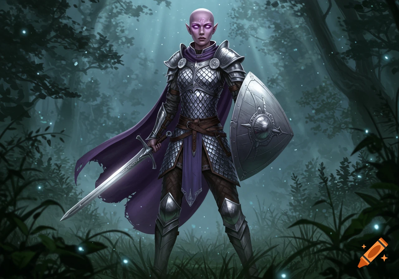 A bald female half-elf paladin with purple eyes stands in a misty forest, wearing scale mail and holding a long sword and shield.